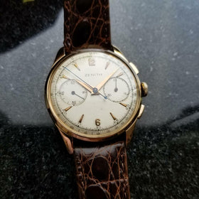 Zenith Vintage 18K Solid Rose Gold 1960s Swiss Watch Chrono on Crocodile