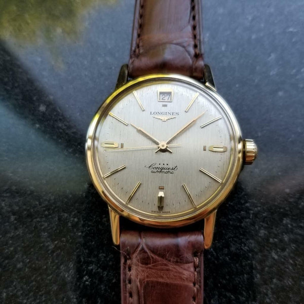 Longines Conquest Automatic Vintage 18k Yel Gold 1960s Mens Watch on Croc