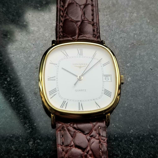 LONGINES Men's 18k Gold-Plated L729 Quartz Dress Watch w/Date c.1980s Swiss