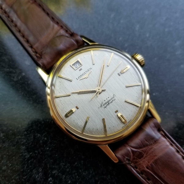 Longines Conquest Automatic Vintage 18k Yel Gold 1960s Mens Watch on Croc