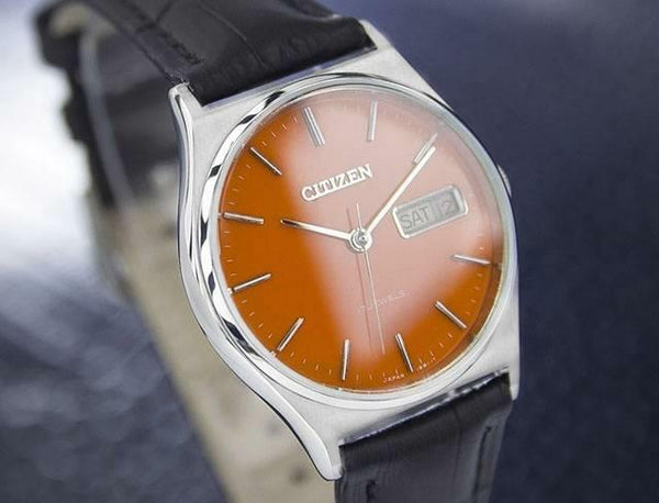 Citizen Day Date Manual Wind Men's Retro Dress Watch Orange Dial c.1970s