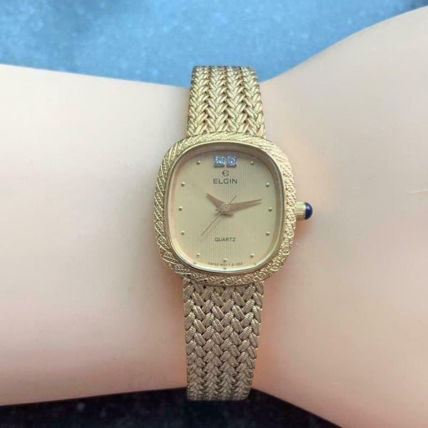 ELGIN Ladies 18k Gold-Plated Diamond Dress Watch, c.1980s Swiss Elegance