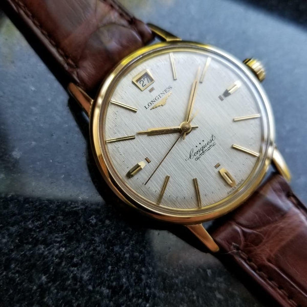 Longines Conquest Automatic Vintage 18k Yel Gold 1960s Mens Watch on Croc