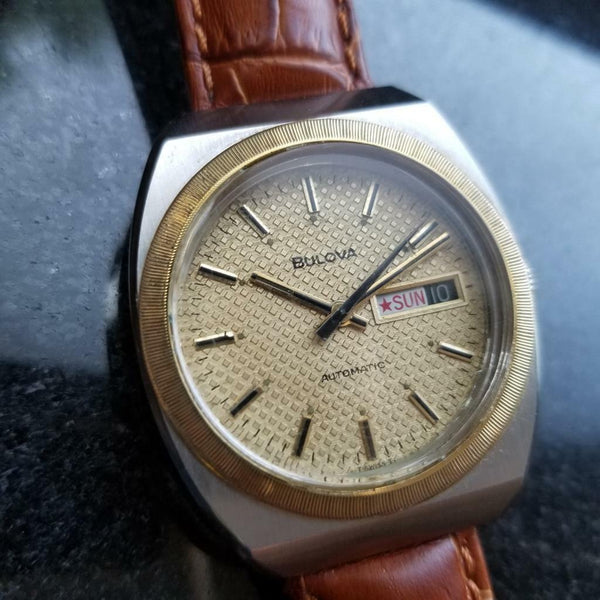 BULOVA Men's 18K Gold-Plated & SS Jumbo Day Date Automatic c.1970s Swiss