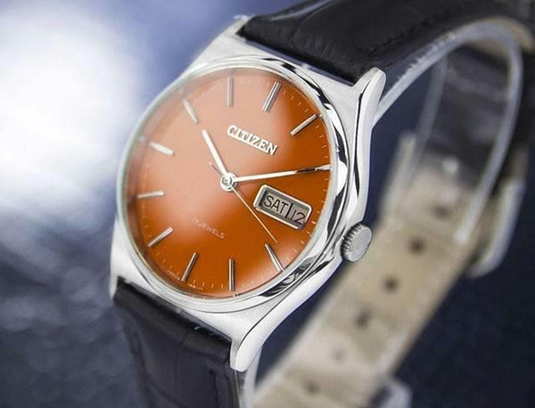 Citizen Day Date Manual Wind Men's Retro Dress Watch Orange Dial c.1970s